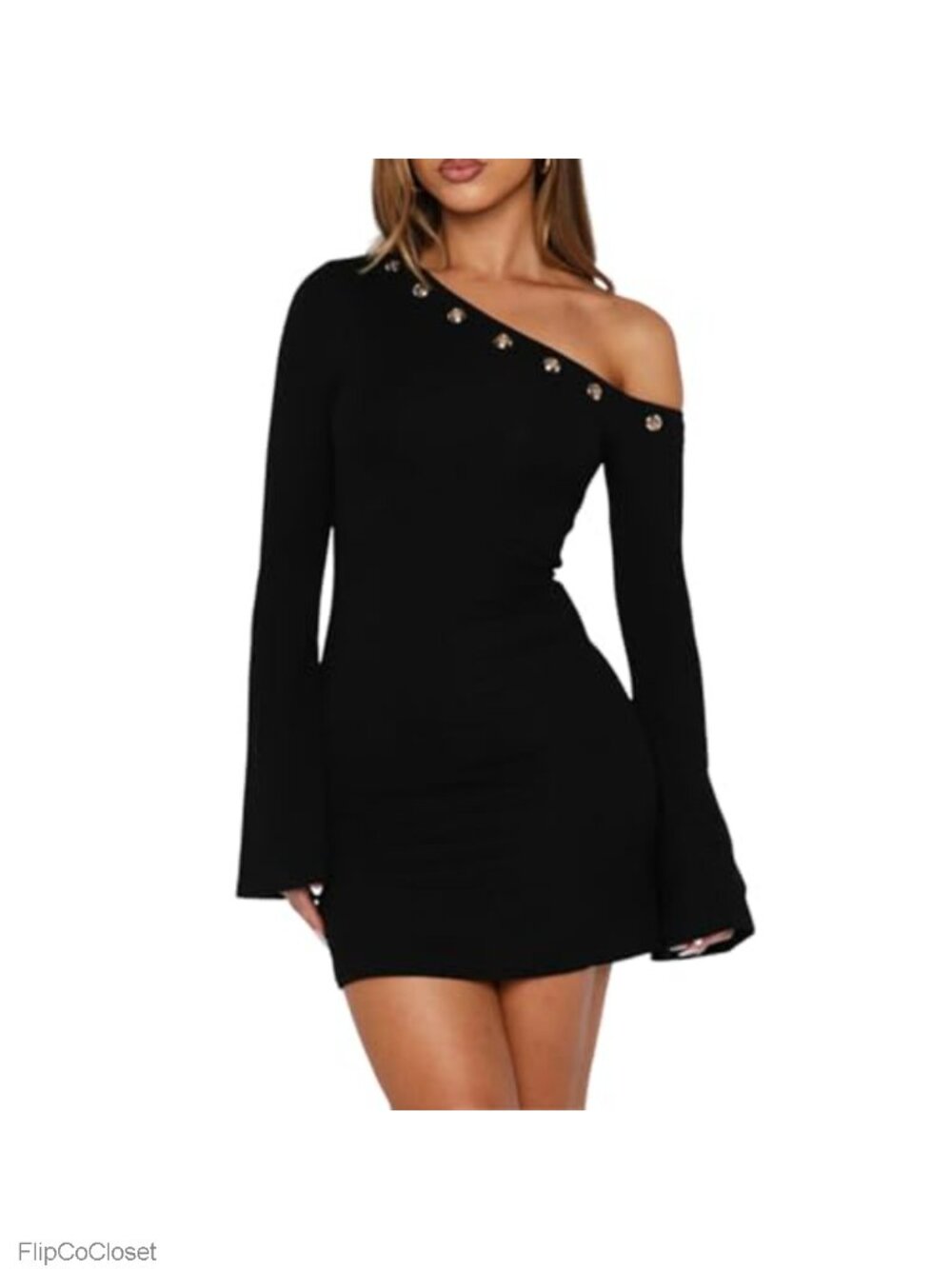 Y2K Sexy Bodycon Mini Dress Long Bell Sleeve One Shoulder Night Out Club